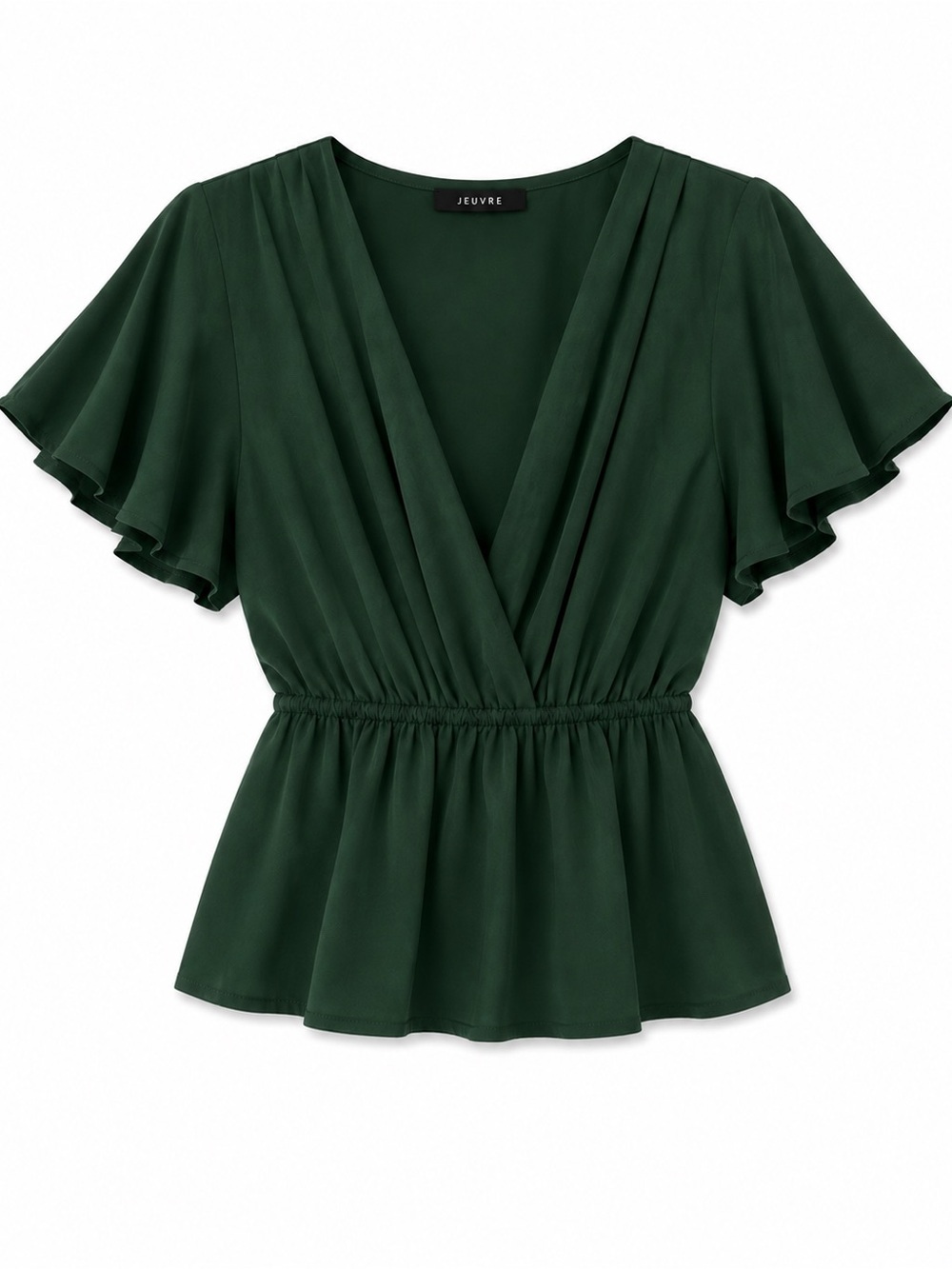 JEUVRE DARK GREEN SHORT SLEEVE RUFFLE PEPLUM TOP WITH WAIST TIE DETAIL